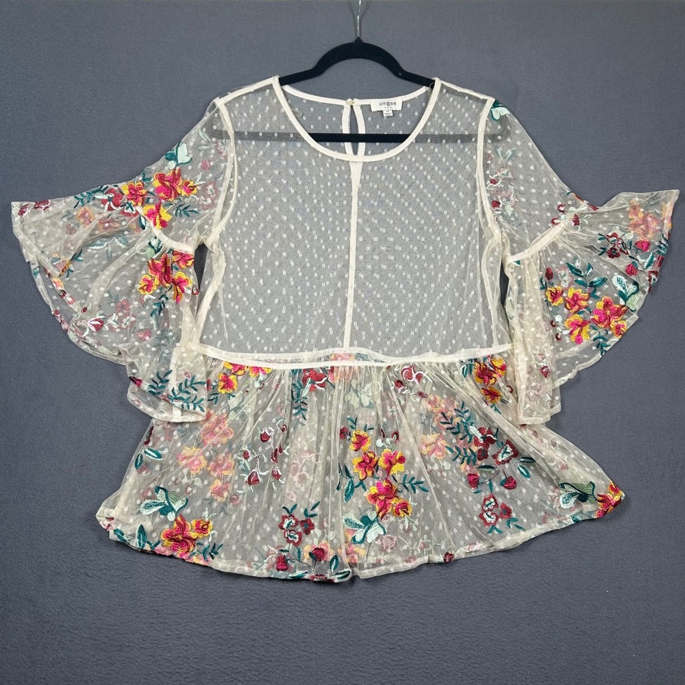 Umgee Top Womens Medium Cream Floral Embroidered Sheer Mesh Bell Sleeve Boho